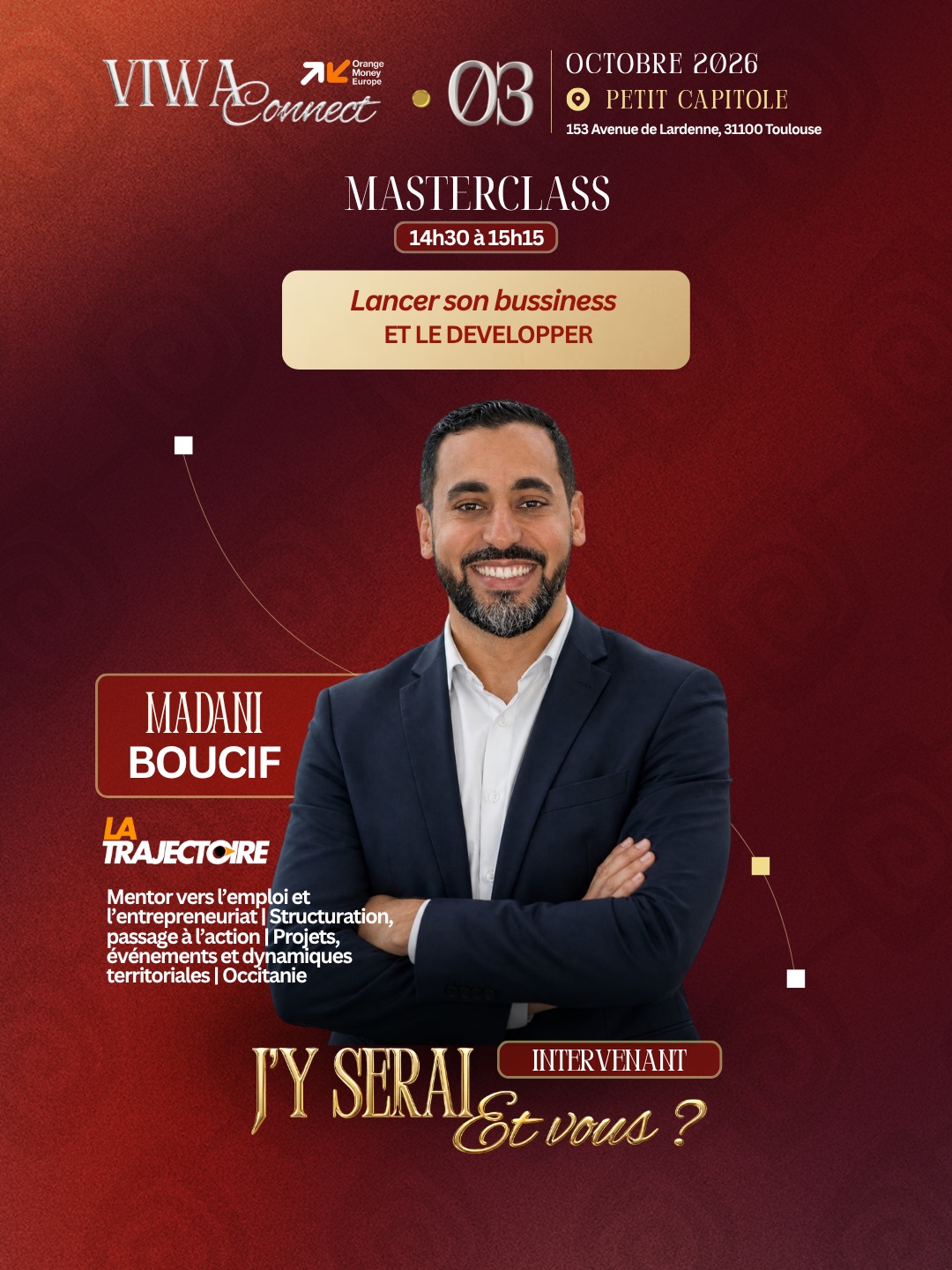 Affiche VIWA Connect : masterclass de Madani Boucif, le 3 octobre 2026 au Petit Capitole, de 14 h 30 à 15 h 15.